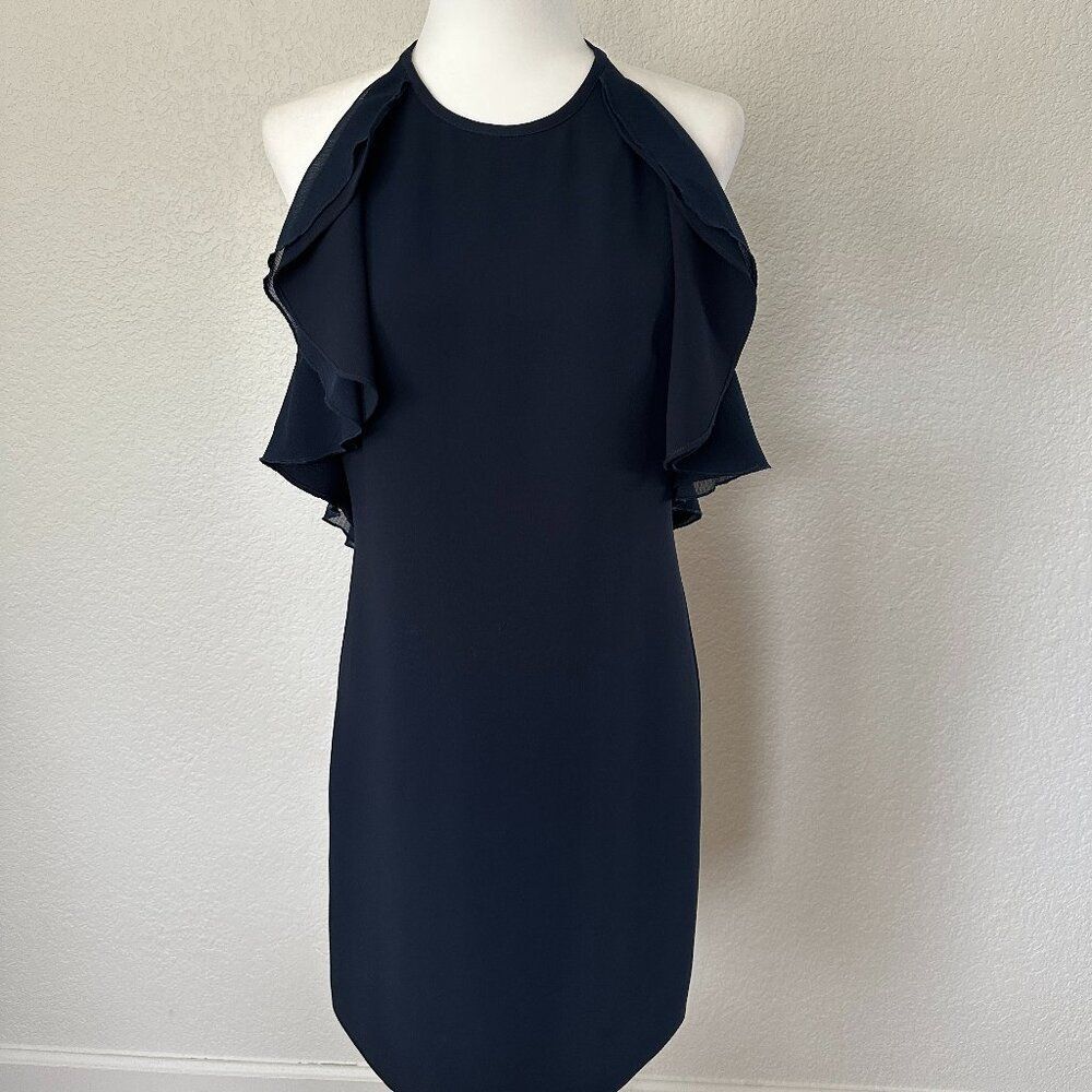 Reiss 'Reva' Navy Halterneck Shift Mini Dress with Frill Details Sz 6